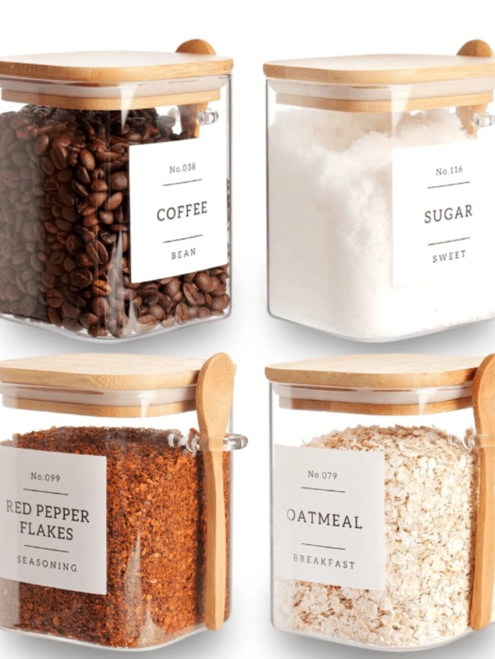 Airtight Glass Food Storage Canister With Bamboo Lid And Wooden Spoon Stackable